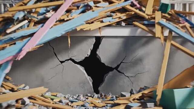 A vibrant yellow house with a porch is surrounded by debris, showcasing a dramatic scene of destruction, with colorful objects scattered around and a cracked foundation in a bright sky