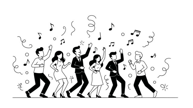 Happy people dancing at a party with music notes and confetti.