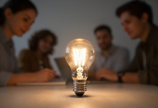 Una lampadina luminosa si erge su un tavolo tra una sfocatura di colleghi concentrati, simboleggiando il potere della collaborazione di illuminare idee innovative.