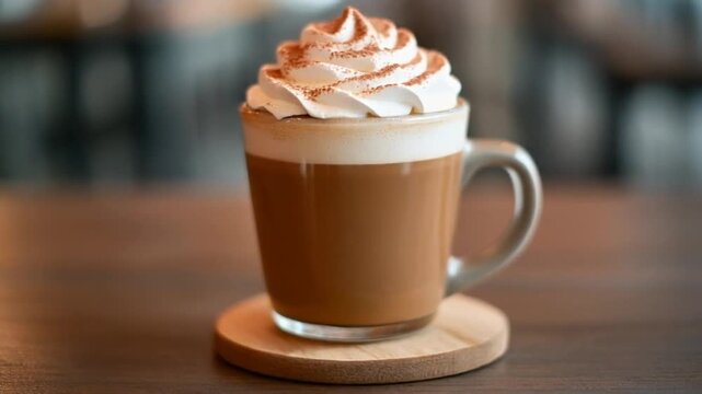 A delicious latte with whipped cream on top sitting on a wooden coaster in a cozy cafe background