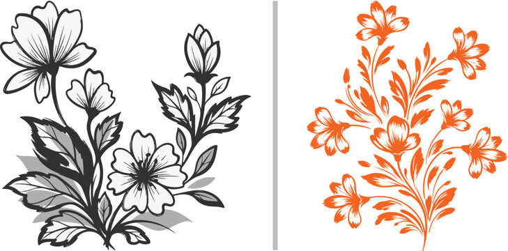 Elegant botanical vector featuring detailed black and white floral sketches alongside a vibrant orange blossom set. Ideal for nature-themed branding, spring stationery, and delicate art projects.