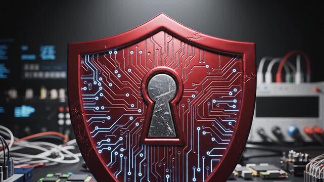A red shield with circuit board design and keyhole on a computer motherboard with electronic components and wires in the background, representing cybersecurity and data protection