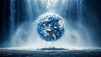 A powerful waterfall cascading downward and shaping itself into a detailed globe midair, mist particles frozen in motion, deep blue tones, dramatic natural lighting