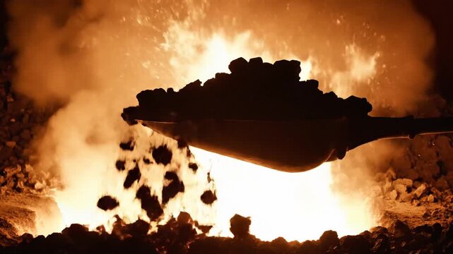 A silhouette of a shovel filled with coal is held above a blazing furnace, showcasing the intense heat and industrial process of metalworking in a dark environment