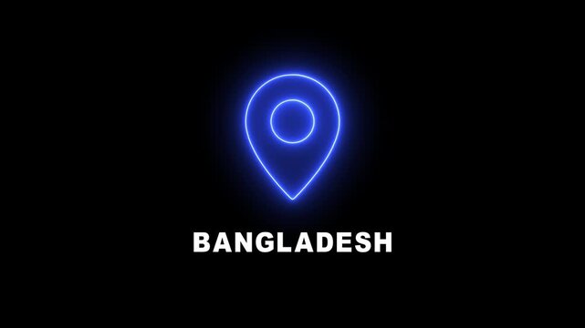 Bangladesh is looping Location Pins over the country, Digital Screen, black background 4K Resolution video. Glowing Bangladesh text up down Location Pins alpha channel Location Pins animation.