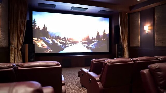 A luxurious private home theater boasts rows of comfortable brown leather recliner seats, ready for movie viewing.