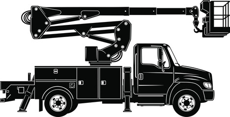 Black and white insulated bucket truck silhouette with articulated boom lift for electrical maintenance, utility service, and industrial construction work © MdLimon