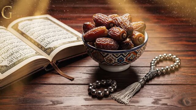 Ramadan Still Life | Dates, Misbaha & Open Quran on Wooden Table