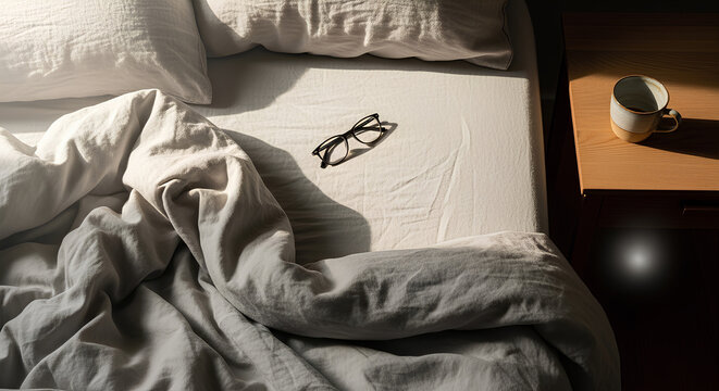 Unmade bed with crumpled white sheets and reading glasses. Morning light in bedroom with coffee mug on wooden table. Lazy sunday lifestyle background view