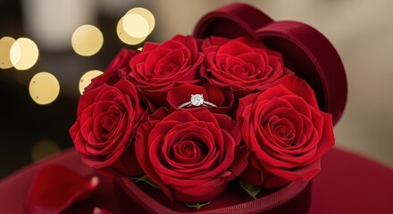 Obraz premium Diamond ring nestled among luxurious red roses in a heart-shaped box, a proposal surprise for Valentine's Day or anniversary.