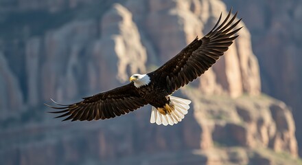 Majestic bald eagle soaring with wings spread wide over rocky canyon cliffs, ideal for wildlife conservation, freedom, and nature-focused editorial or educational projects