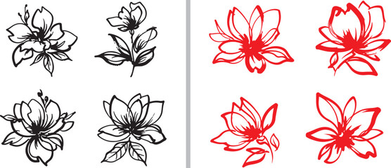 Obraz premium Dynamic vector set of stylized blossoms rendered in bold ink strokes, featuring four delicate black-and-white sketches and four vibrant red gestural drawings with an organic, hand-painted feel.