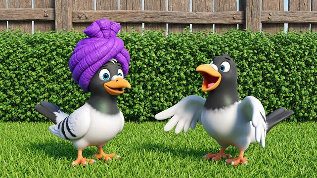 Engaging chat between two funny 3D cartoon pigeons on green grass, one wearing a purple turban, perfect for comedy and animated storytelling.