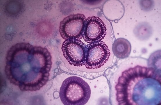 Microscopic view of mesothelial cells stained purple, pink. These cells are found in body fluids, tissue linings. They appear round with ruffled edges, distinct inner structures in this sample.