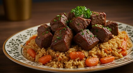 Juicy beef cubes served over seasoned rice with carrots and parsley garnish, ideal for restaurant menu design and culinary advertising