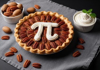 Delicious pecan pie with pi symbol on whipped cream topping