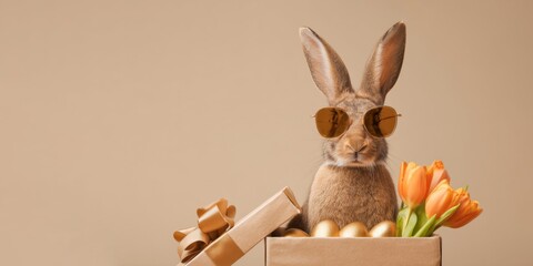 Happy Easter concept holiday greeting card - Cool Easter bunny, rabbit with sunglasses, sitting in a gift box with Easter eggs, isolated on a beige background