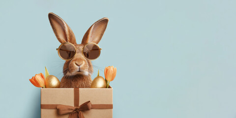 Happy Easter concept holiday greeting card - Cool Easter bunny, rabbit with sunglasses, sitting in a gift box with Easter eggs, isolated on a blue background