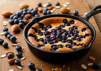 Delicious blueberry cobbler freshly baked in cast iron skillet