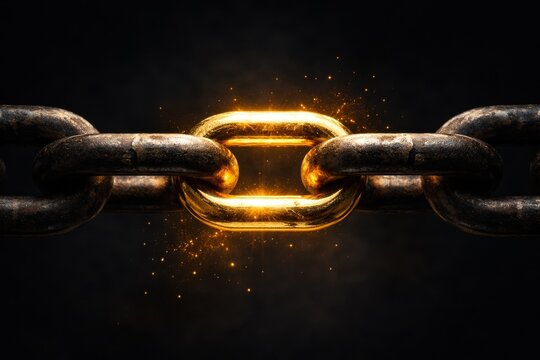 A rusted iron chain with a single strong golden link, a powerful metaphor for the strongest link, leadership, and reliability.