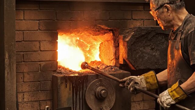 A skilled artisan operates a furnace, carefully managing molten metal as flames erupt, showcasing craftsmanship in a workshop filled with tools and materials