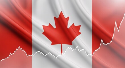 Obraz premium Canadian flag waving with stock chart overlay with copy space