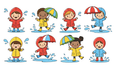 Kids splashing in puddles flat vector clipart set isolated