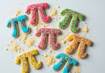 Colorful pi symbol cookies with sprinkles on white background