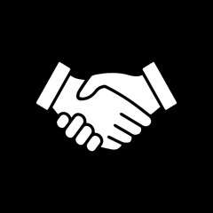 A simple white handshake icon symbolizing agreement and partnership on black.