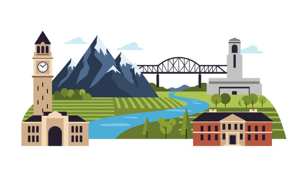 Scenic city landscape illustration with mountains, river, bridge, and historic clock tower.