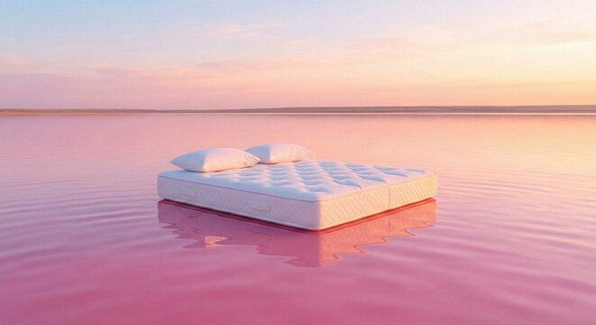Surreal Floating Mattress with Pillows on Calm Pink Water Landscape at Sunset