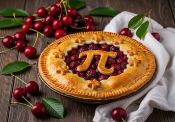 Delicious cherry pie with pi symbol on a wooden table