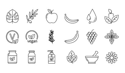 Vegan organic food and cosmetics line icon set vector © MdYeasin