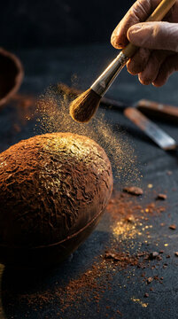 Pastry Chef Dusting Gold Powder on Artisanal Dark Chocolate Easter Egg