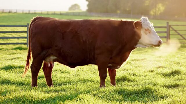 Brown cow standing in a green pasture with a wooden fence.