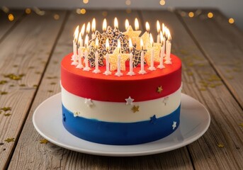 Birthday cake with candles on wooden table