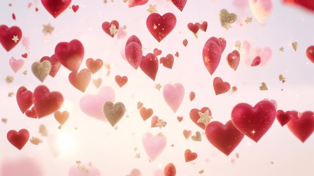Corazones rojos y rosas flotan suavemente hacia arriba rodeados de destellos dorados en un fondo luminoso. Animaci&oacute;n rom&aacute;ntica perfecta para celebrar San Valent&iacute;n, bodas y momentos de amor m&aacute;gico.