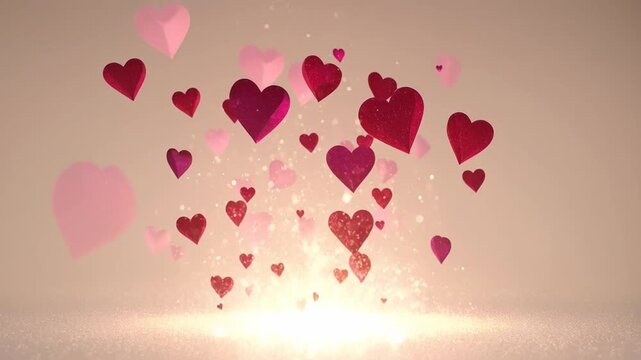 Corazones rojos y rosas flotan suavemente hacia arriba rodeados de destellos dorados en un fondo luminoso. Animaci&oacute;n rom&aacute;ntica perfecta para celebrar San Valent&iacute;n, bodas y momentos de amor m&aacute;gico.