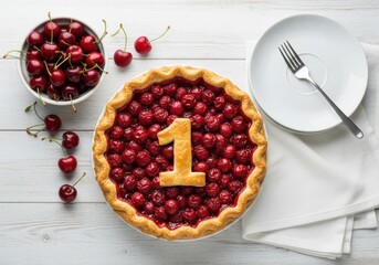 Delicious cherry pie with number one on top