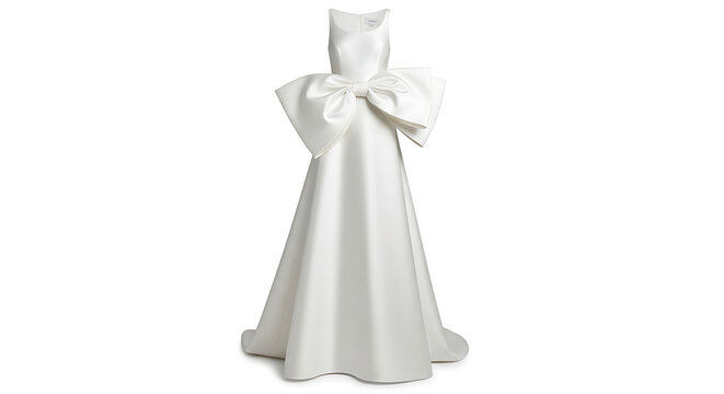 Exquisite and sophisticated, this high-fashion white bridal gown or formal evening dress features a minimalist yet dramatic design.