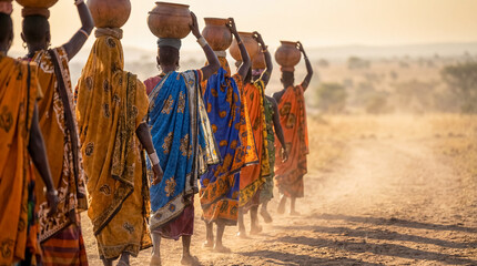 Fototapeta premium African women carrying water clay pots on heads walking in savanna village lifestyle background copy space rural community daily labor resource nature