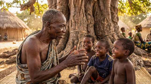 African tribal elder teaching children in village school education culture background copy space indigenous youth future wisdom oral history
