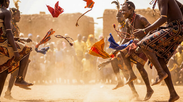 African tribal dance ceremony action shot people jumping in traditional clothing culture celebration background copy space energy movement ritual ethnic folk