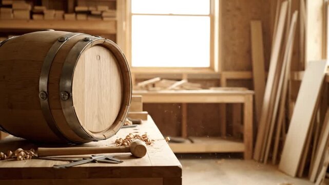 Traditional Wooden Barrel and Tools on Rustic Workshop Table