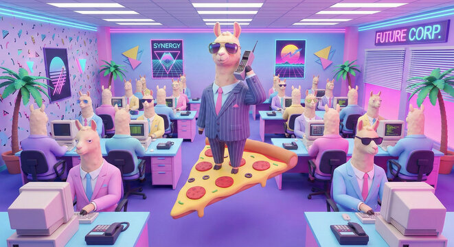 A typical corporate office setting, but all employees are llamas wearing stylish 1980s suits