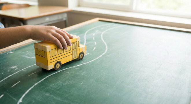 Paper School Bus on Green Chalkboard with Child Hand