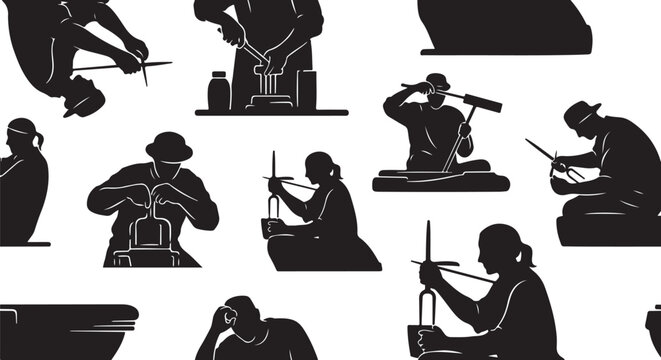 Silhouette of various people working on crafts and projects