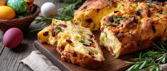 Fototapeta premium Colorful easter cake with decorated eggs on wooden table for spring celebration in festive setting with room for text for stock photo contest