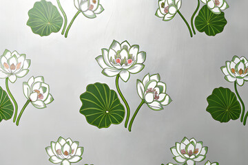 A seamless pattern with pichwai style lotus arranged in a tile-style repeat on a turquoise background. It can be used for printing on various surfaces like textiles and paper or digital work as well. 