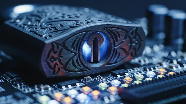 Close-up of ornate black safe box with keyhole on circuit board background with colorful wires and components